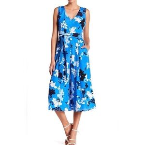 Vince Camuto Bright Blue Floral V-Neck Midi Dress